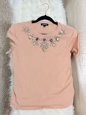 Express Peach Short Sleeve Tee with Rhinestone Neckline